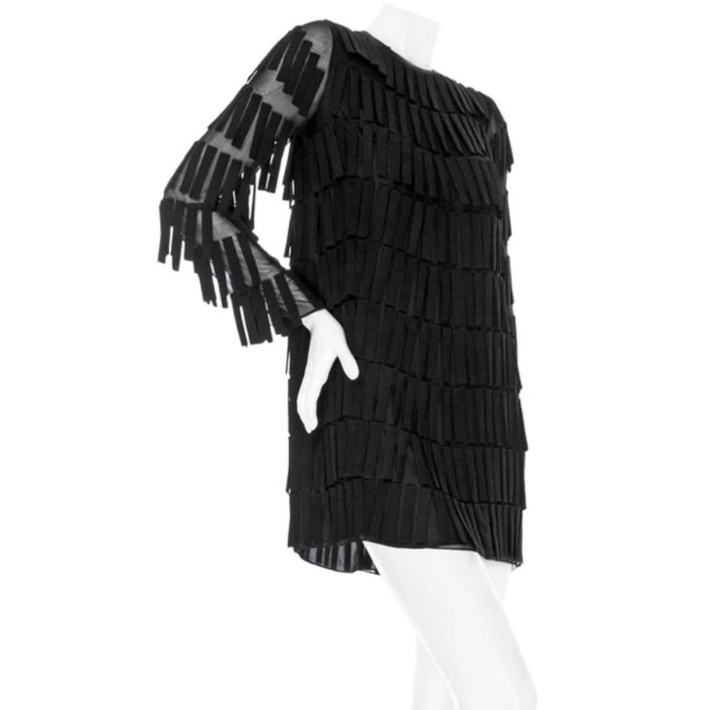 Valentino SS16 Voile Fringed Mini Shift Dress IT 38 Black Long Sleeve Authentic